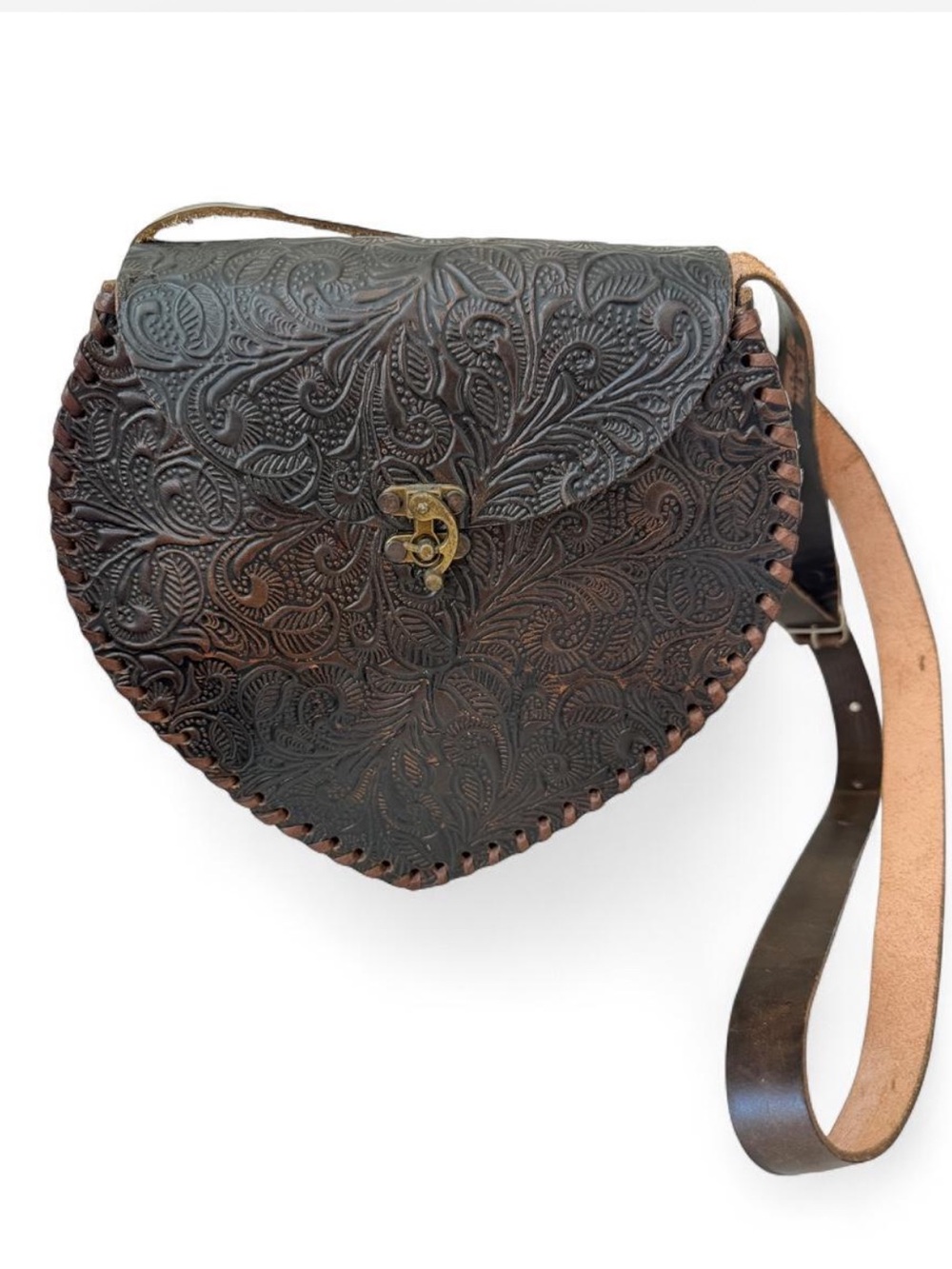 Artisanal Mexican Deep Brown Tooled Leather bag Brand New!